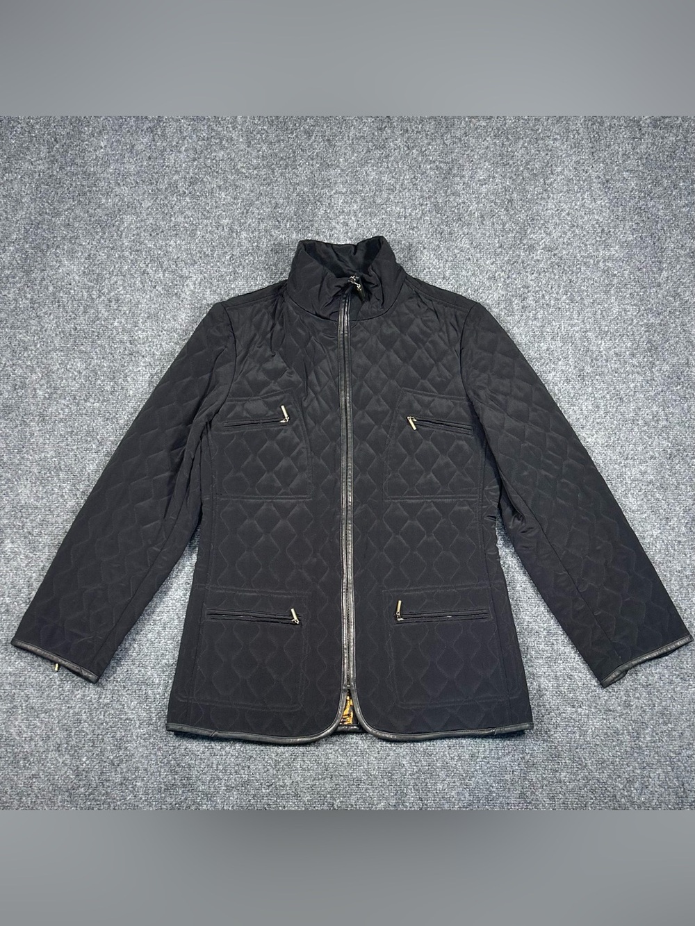 Dana Buchman Quilted Black Zip-Front Women's Jacket Leather Trim Medium Petite